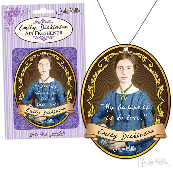 Emily Dickinson air freshener featuring portrait of poet in blue dress with gold frame, packaged in purple cardboard with lavender scent, includes quotes and hanging string