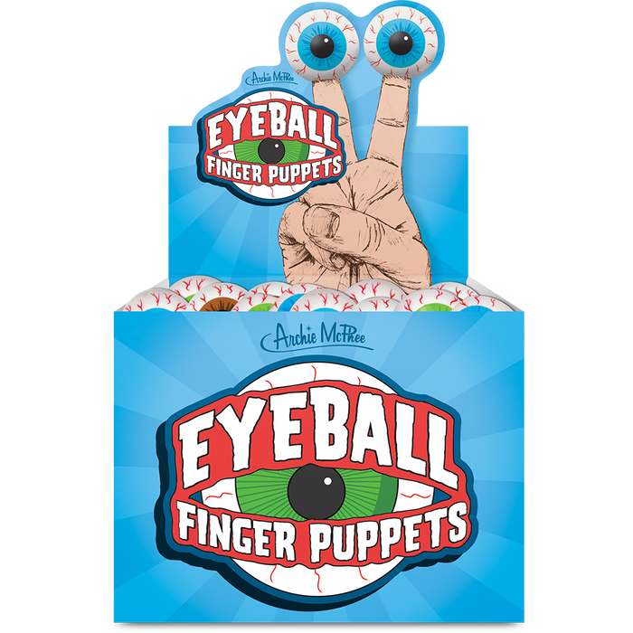 Colorful display box of Eyeball Finger Puppets featuring cartoon eyes on fingers, vibrant blue background, and large logo showcasing assorted eyeball designs for interactive fun and imaginative play