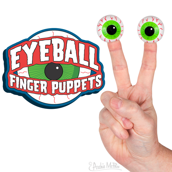 Eyeball finger puppets displayed on hand with peace sign gesture, alongside colorful product logo featuring cartoon eyeball design. Soft vinyl realistic-looking eyeballs with green irises shown on fingertips.