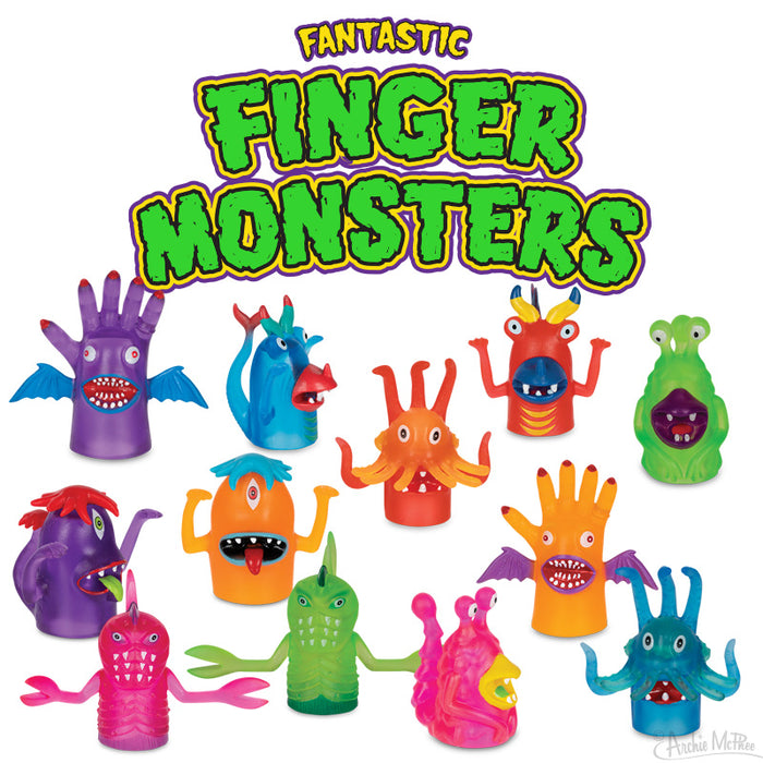 Colorful set of Fantastic Finger Monsters toys, featuring various quirky monster designs with unique features like horns, multiple eyes, and tentacles. Each monster is brightly colored and designed to fit on a finger as a puppet.