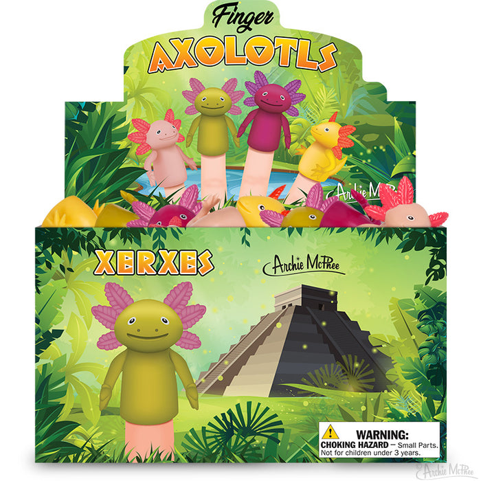 Colorful display box of Finger Axolotls toy puppets featuring smiling cartoon axolotls in various colors, with tropical leaf background and Mayan pyramid image. Includes choking hazard warning.