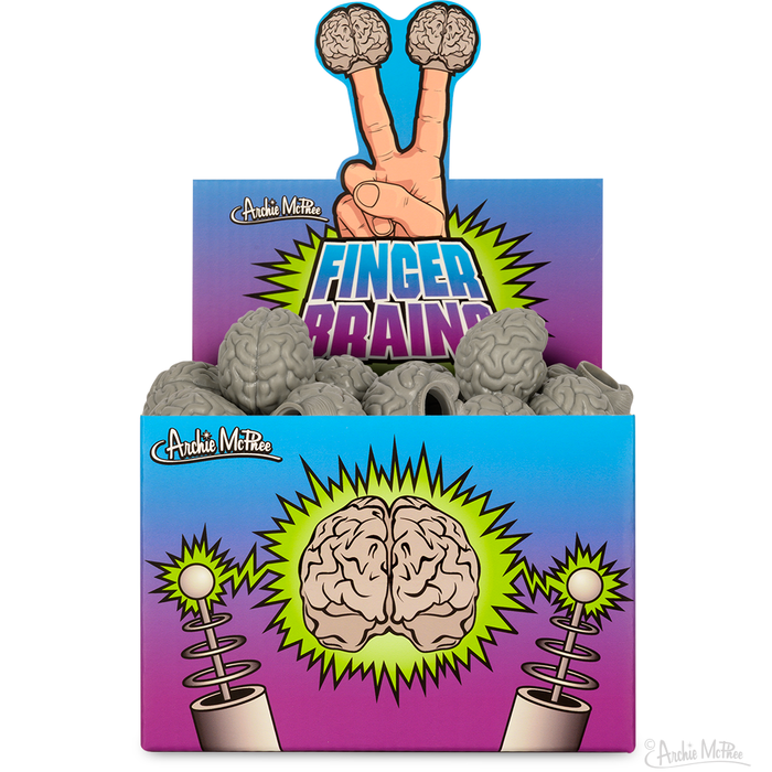 Colorful display box of Finger Brains novelty toys, featuring cartoon brain illustrations on fingers, with multiple soft vinyl brain-shaped toys visible. Vibrant blue, purple, and green packaging design showcases the product's playful and quirky nature.