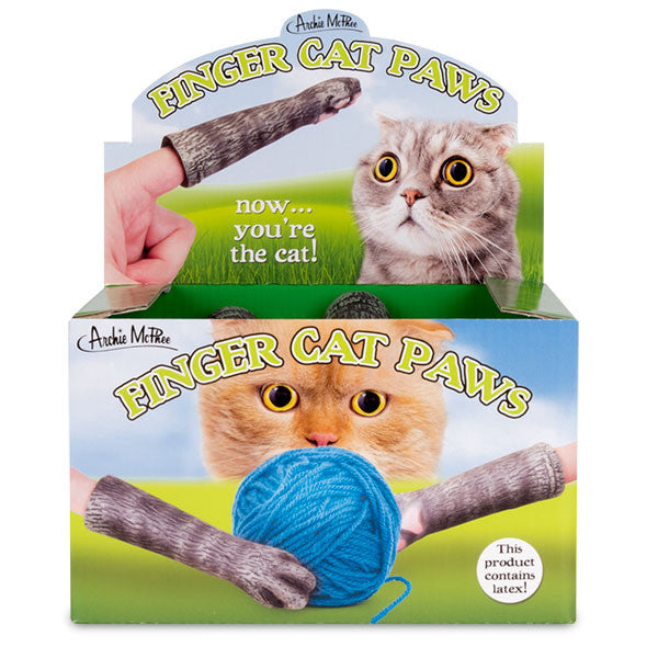 Bulk box of Finger Cat Paws product, featuring playful cat-themed finger puppets that mimic cat legs. Display shows two cats and a human hand wearing the paw, with a blue yarn ball. Text reads "now... you're the cat!" Perfect for cat-related activities and fun.