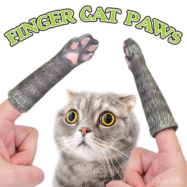 Finger Cat Paws: Latex finger puppets resembling cat legs, shown worn on hands framing a surprised-looking gray cat. Product title in green text arches above the image.