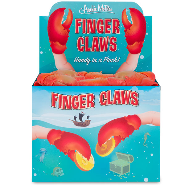 Display box of Archie McPhee Finger Claws, showing bright red lobster claw-shaped finger puppets. Ocean-themed packaging with "Handy in a Pinch!" slogan, showcasing product in bulk quantity for parties or promotional events.