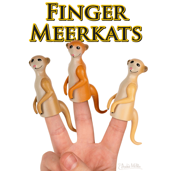 Set of 3 meerkat finger puppets in different shades, shown on a hand. Soft vinyl toys with smiling faces, 3.75 inches long. Product title "Finger Meerkats" in yellow text above the image.