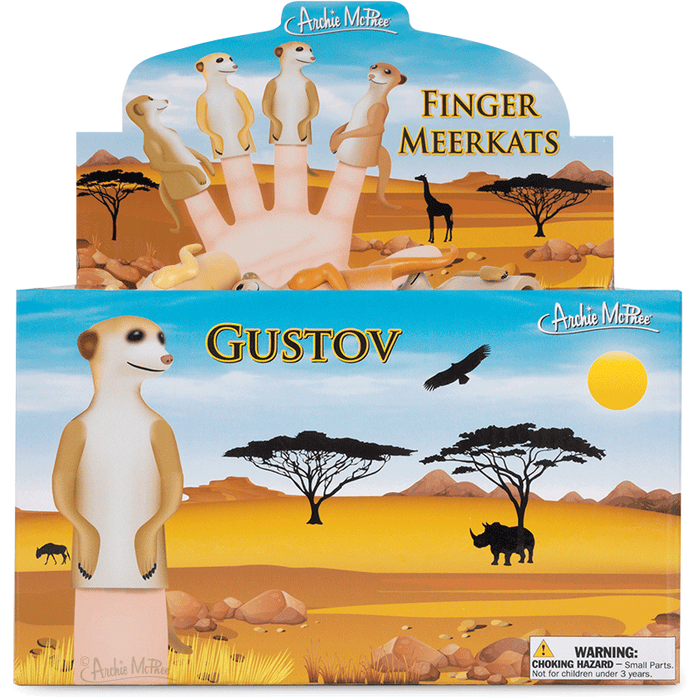 Colorful display box featuring Finger Meerkats puppets against African savanna backdrop, showcasing product packaging and playful design for bulk set of 48 meerkat finger toys