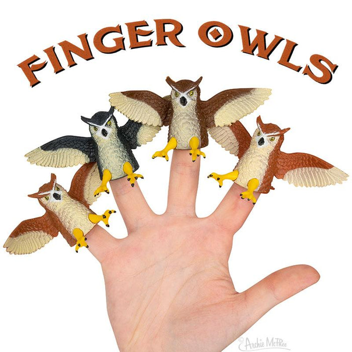 Set of four colorful owl finger puppets with spread wings on a hand, showcasing different owl designs in brown, gray, and white. Text "FINGER OWLS" appears above in orange letters.