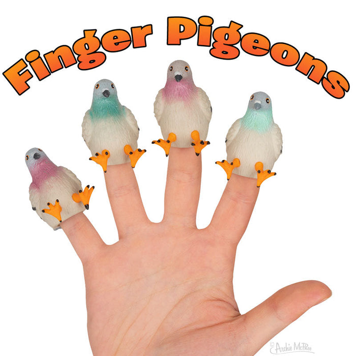 Set of 4 colorful pigeon finger puppets perched on fingertips of an open hand, with orange feet and varied body colors including blue, pink, and white. Text "Finger Pigeons" appears above in orange curved letters.