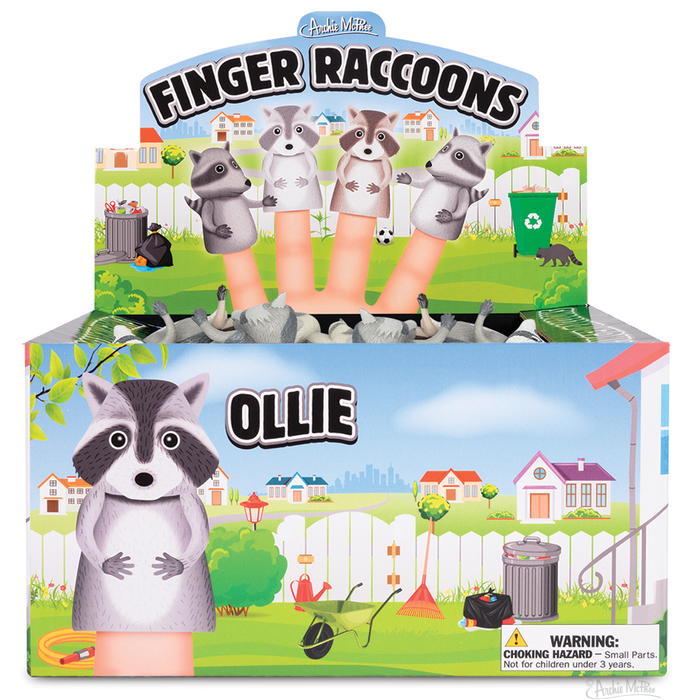 Bulk box of Finger Raccoons puppet toys displayed in colorful packaging featuring cartoon raccoons, urban scenery, and product demonstration with puppets on fingers, showcasing various raccoon designs and playful concept