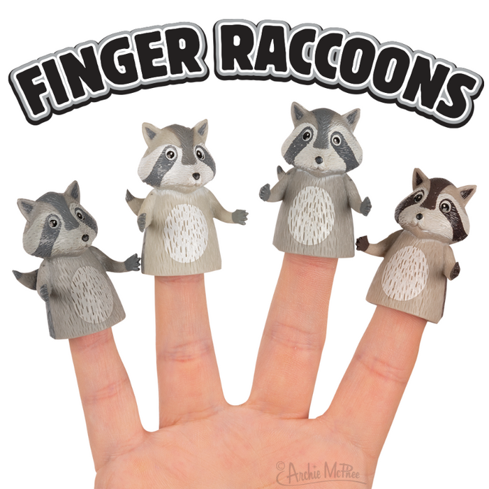 Set of four adorable raccoon finger puppets in different shades, shown on a hand with product title "Finger Raccoons" above, perfect for playful storytelling and imaginative play