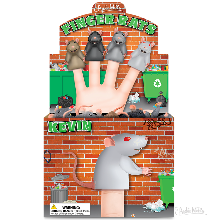 Finger Rats toy packaging displaying colorful rat finger puppets on a hand against a brick wall background, with additional rat characters and recycling bins illustrated. Product name and warning label visible.