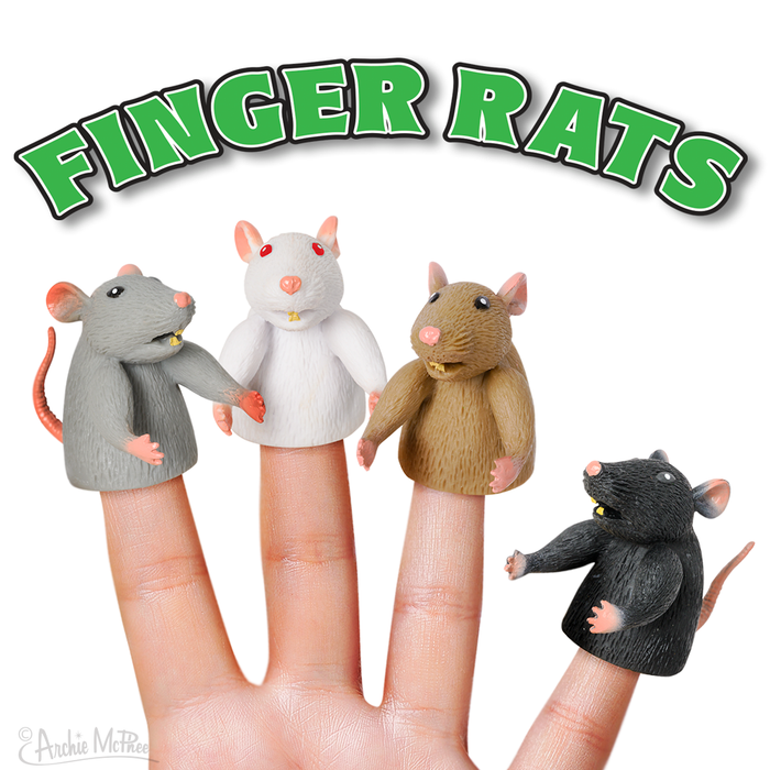 Set of four colorful rat finger puppets in gray, white, brown, and black, worn on fingertips. Green text 'FINGER RATS' above. Cute and playful animal toys for interactive fun.