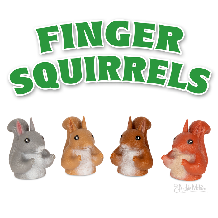 Finger Squirrels finger puppets set featuring four colorful vinyl squirrel toys in grey, tan, brown, and red, with the product name displayed in green curved text above