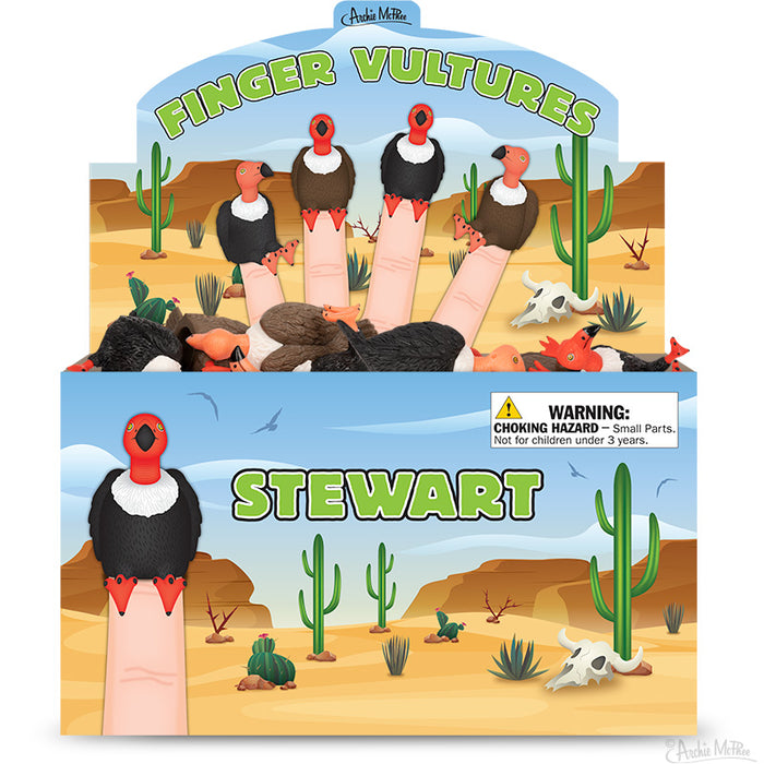 Colorful display box showcasing Finger Vultures toy set in desert scene with cactus and animal bones. Cartoon vultures perched on finger puppets, diverse colors. Product name and warning label visible.