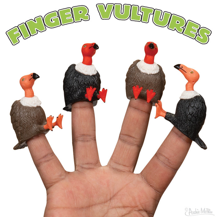 Set of 4 colorful vulture finger puppets on a hand, featuring realistic details and varied poses. Soft vinyl toys for playful scavenging fun, suitable for adults. Product image showcases diverse designs and lifelike appearance of the Finger Vultures set.