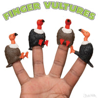 four vulture finger puppets on a hand