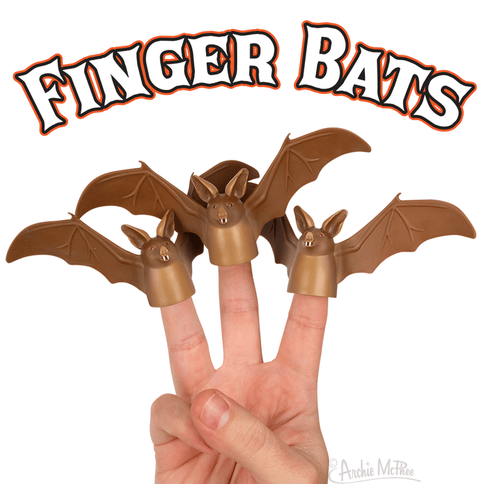 Set of 3 brown bat finger puppets on hand, with outstretched wings, demonstrating mid-flight pose. Text "FINGER BATS" appears above in large, stylized lettering.