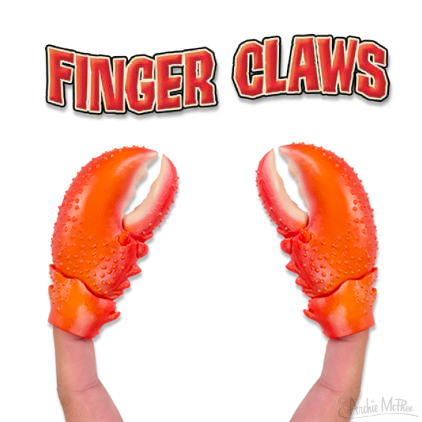 Two red lobster claw finger puppets on human fingers, with "FINGER CLAWS" text above in bold red lettering. Realistic 3D design of lobster claws, showcasing playful and eye-catching novelty product for seafood enthusiasts and party-goers.