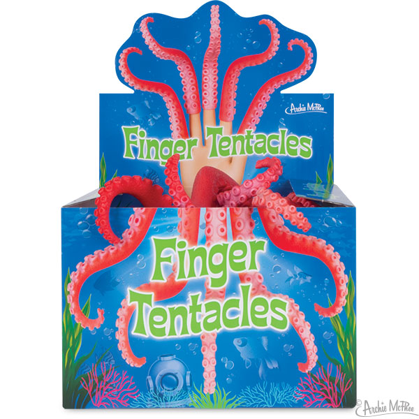 Display box of colorful Finger Tentacles toys, featuring bright red octopus-like tentacles emerging from a blue underwater-themed packaging with green text. Perfect for parties, promotions, or underwater-themed events.