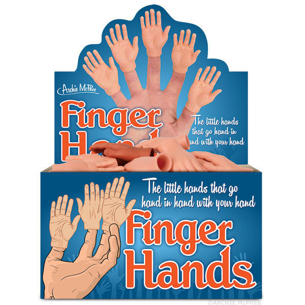 Finger Hands display box showcasing miniature rubber hands in various skin tones. Blue packaging with product name and slogan "The little hands that go hand in hand with your hand". Multiple tiny hands visible inside and illustrated on box.