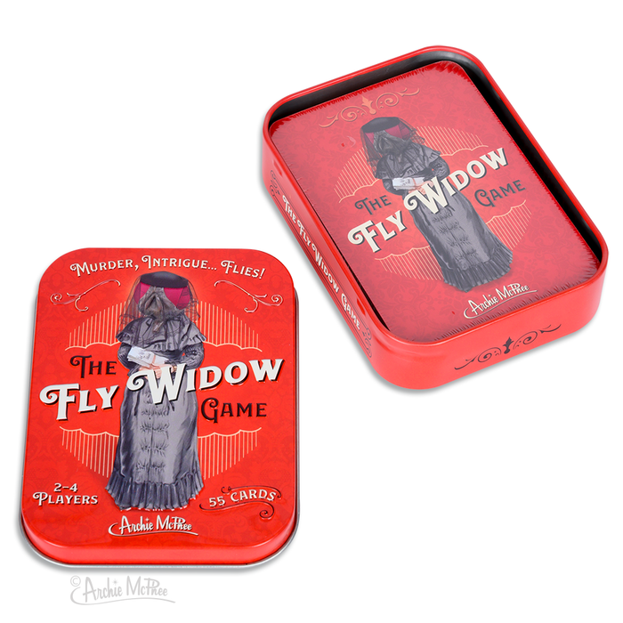 Two red metal tins featuring The Fly Widow Game, displaying a Victorian-era woman in black and white on a vibrant red background. The tins showcase the game title and tagline "Murder, Intrigue, Flies!