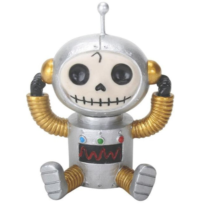 Furrybones Gadget Robot figurine with skeleton face, silver body, gold accents, and colorful buttons, combining retro sci-fi aesthetics with a whimsical, spooky charm