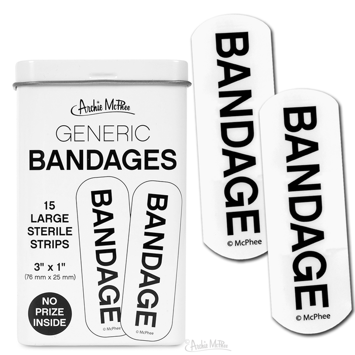 Metal tin of Generic Bandages by Archie McPhee, containing 15 large sterile strips labeled 'BANDAGE' in bold black text. Tin and bandages shown side-by-side on white background, with product details visible on container.