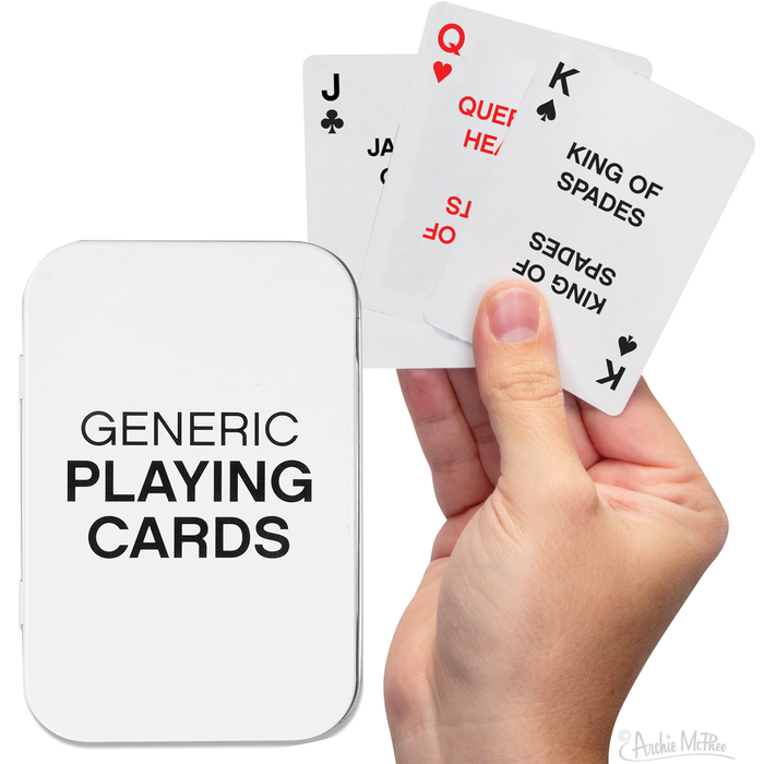 Generic playing cards with minimalist design displayed in hand, featuring plain text labels on cards and a simple tin case with 'Generic Playing Cards' text