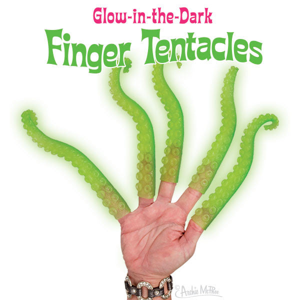 Green glow-in-the-dark finger tentacles on hand, product image showing five elongated suction-cupped tentacles extending from fingertips, fun and quirky novelty item for nighttime play or costume accessories