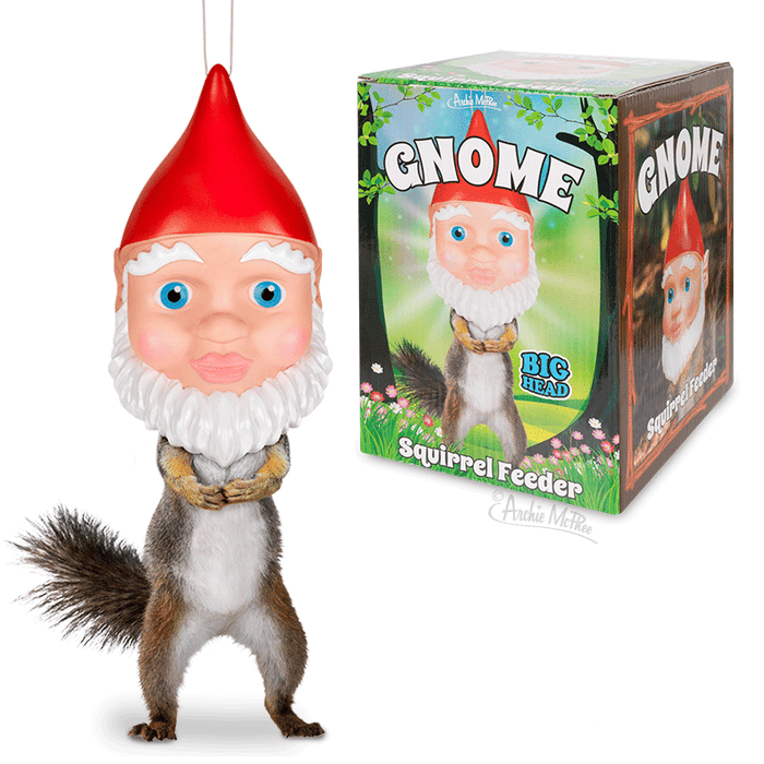 Gnome Squirrel Feeder product image showing a red-capped gnome head with a squirrel body attached, alongside its colorful product box featuring garden imagery and product details