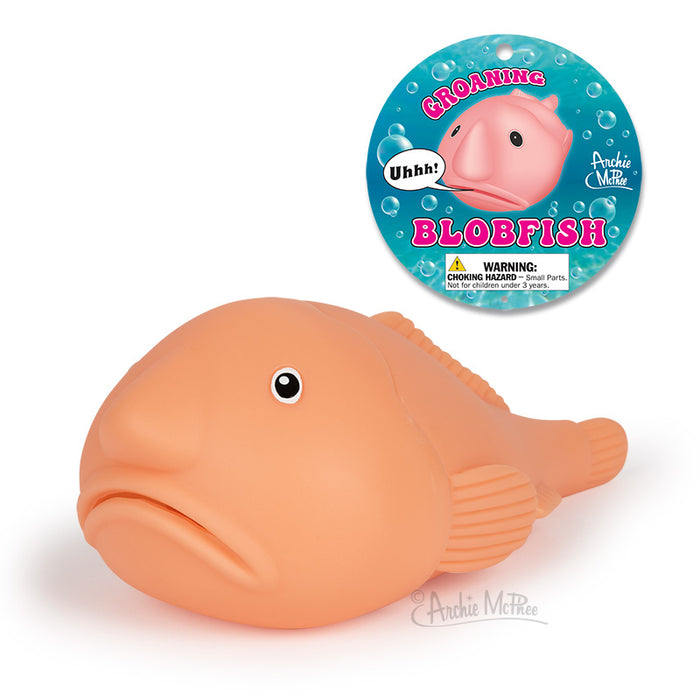 Groaning Blobfish stress toy with packaging, soft vinyl fish with grumpy expression, 7.25 inches long, makes oink-like sound when squeezed, perfect for expressing minor frustrations at work