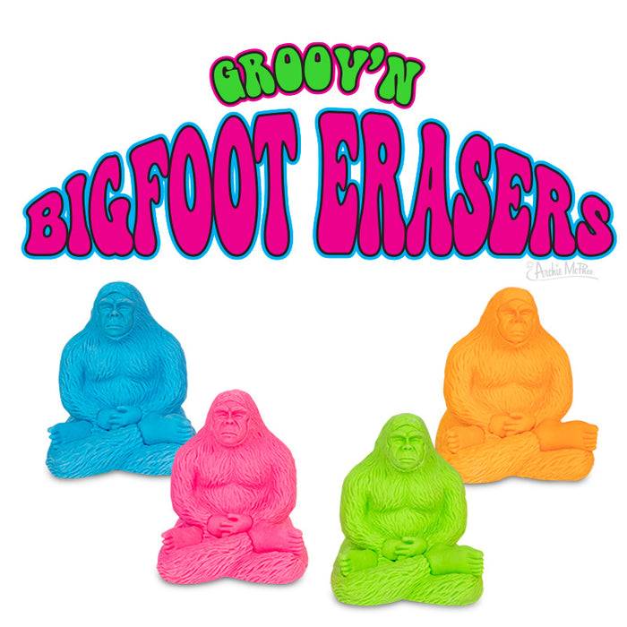 Colorful Groov'n Bigfoot Erasers in vibrant blue, pink, green, and orange, shaped like meditating Bigfoot figures, with psychedelic-style product title text above