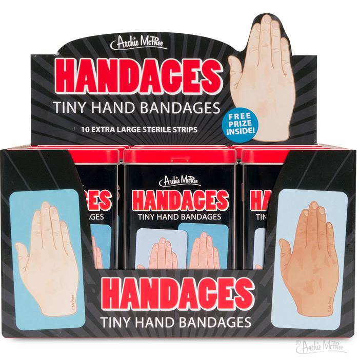 Bulk box of Handages tiny hand bandages, featuring display packaging with hand illustrations and product details. Contains multiple tins of bandages, offering extra large sterile strips and a free prize inside.