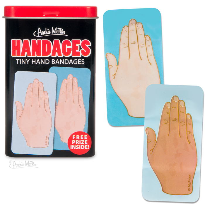 Handages tin container with hand-shaped bandages displayed on blue backgrounds, showcasing unique design and different skin tones, perfect for quirky first aid solutions