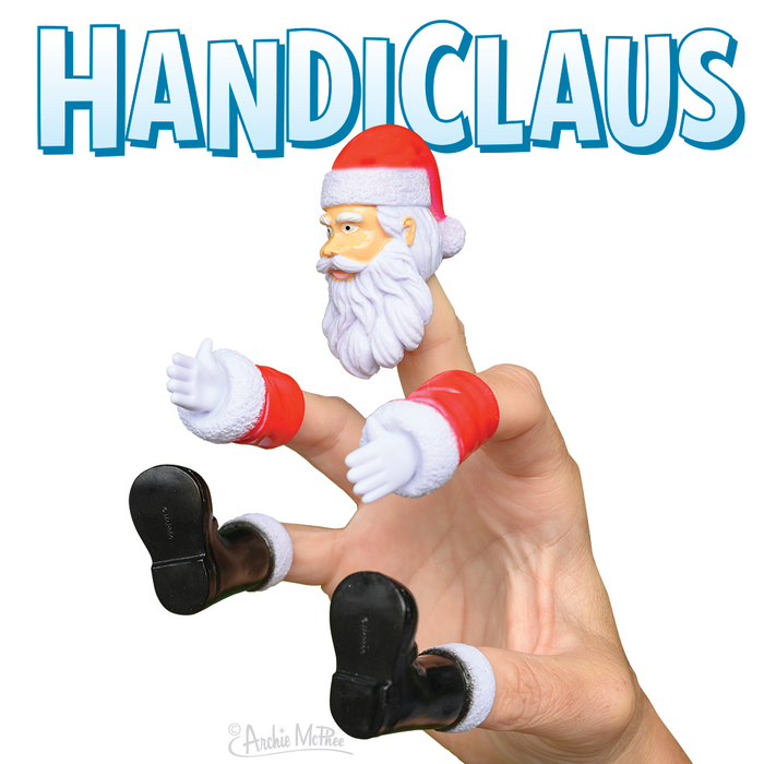 Handiclaus finger puppet set featuring Santa's head, hands, and boots on a real hand, with blue text logo above. Fun Christmas novelty toy for interactive play and storytelling.