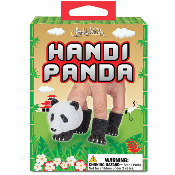 Handipanda finger puppet set packaging featuring a hand wearing panda-shaped puppets, surrounded by bamboo and floral designs, with product name and warning label