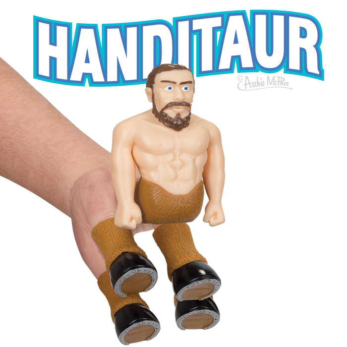 Handitaur finger puppet set featuring a centaur torso on a human hand with four hoof puppets, showcasing the product name in bold blue text above the unique mythical creature design