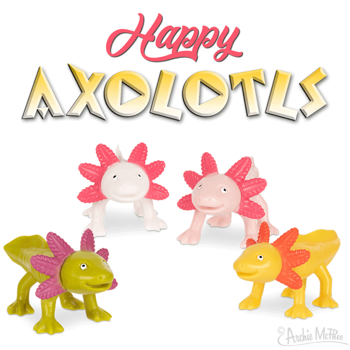 Colorful set of four Happy Axolotl toys featuring pink, yellow, and green salamander figurines with playful expressions and unique gill-like appendages, displayed beneath stylized text logo