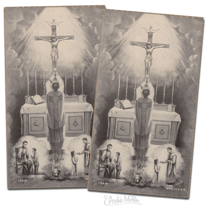 Two vintage Catholic prayer cards depicting a priest at the altar with a crucifix, candles, and smaller figures below. Gold-edged, sepia-toned images with religious symbolism and 1937 printing details visible.