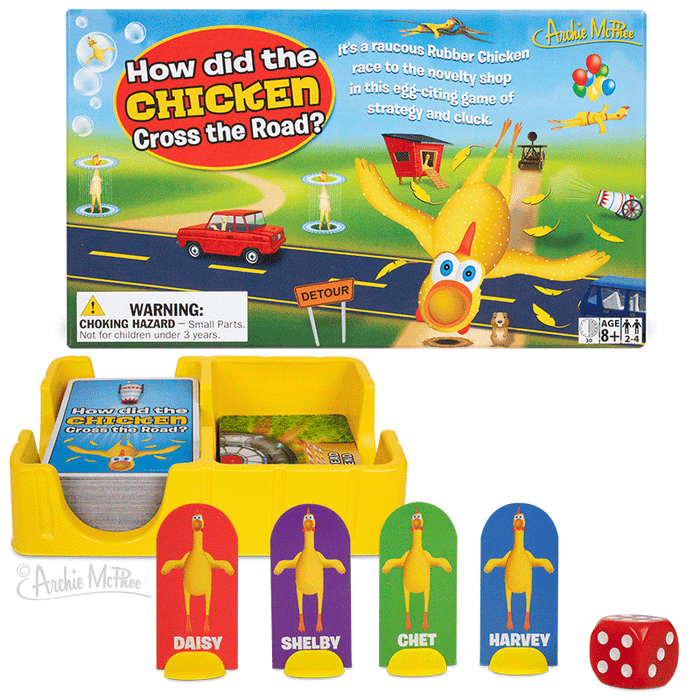 How Did the Chicken Cross the Road board game set with colorful box art featuring a cartoon chicken on a road, game pieces, cards, and dice. Fun family game for ages 8 and up, challenging players to help rubber chickens cross various obstacles.