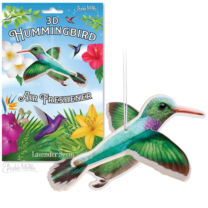 3D Hummingbird Air Freshener with lavender scent, featuring colorful packaging and a detailed hummingbird design. Product showcases vibrant tropical flowers and a lifelike green hummingbird air freshener with string for hanging.