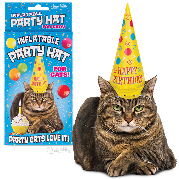 Inflatable Party Hat for Cats product image showing packaging and tabby cat wearing yellow birthday hat with colorful polka dots and "Happy Birthday" text, surrounded by balloon graphics