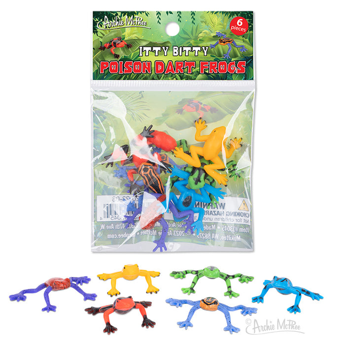 Colorful miniature poison dart frog toys in six vibrant colors, packaged in a clear bag with jungle-themed label. Set includes red, yellow, green, blue, and orange frogs in playful poses, perfect for small hands and imaginative play.