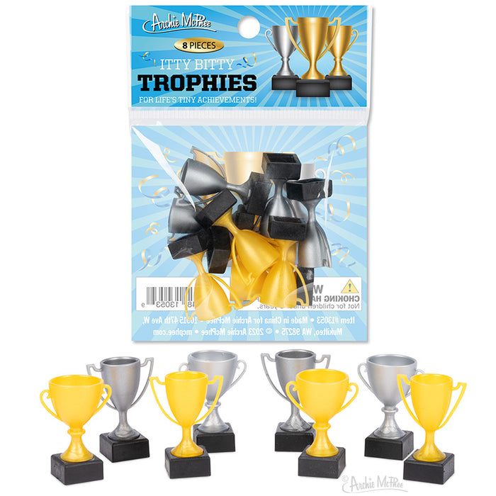 Bag of 8 miniature gold and silver trophy figurines, packaged in blue-themed retail packaging, with product display showing tiny trophies for small achievements or humorous recognition