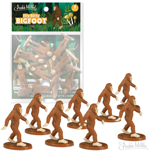 Eight itty bitty Bigfoot figures and packaging