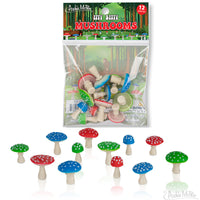 Twelve red, green and blue itty bitty mushrooms and packaging 