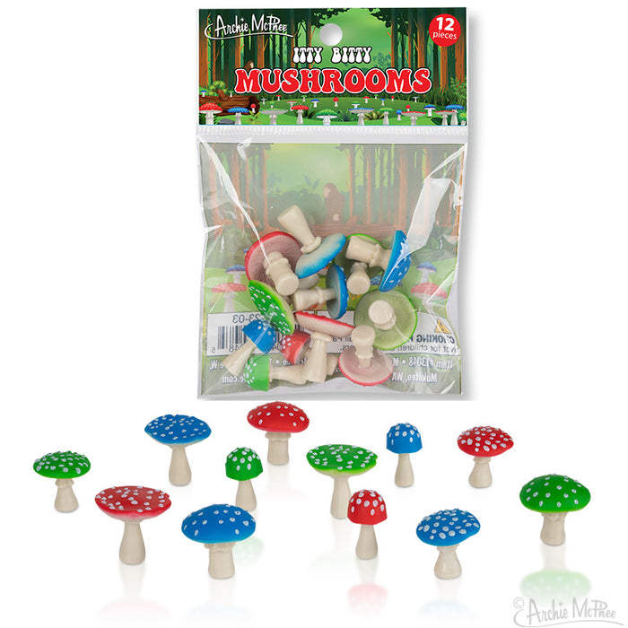 Colorful miniature mushroom toys in packaging and arranged, featuring red, blue, and green spotted caps on white stems, ideal for fairy gardens or whimsical decor