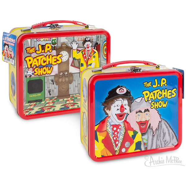 Vintage-style metal lunchboxes featuring The J.P. Patches Show characters, including colorful images of J.P. Patches and Gertrude on front and side panels, with red trim and yellow background