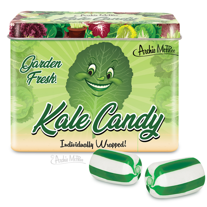 Colorful tin of Kale Candy featuring smiling kale leaf character, Garden Fresh logo, and individually wrapped green and white striped candies, perfect for novelty gift or unique snack experience